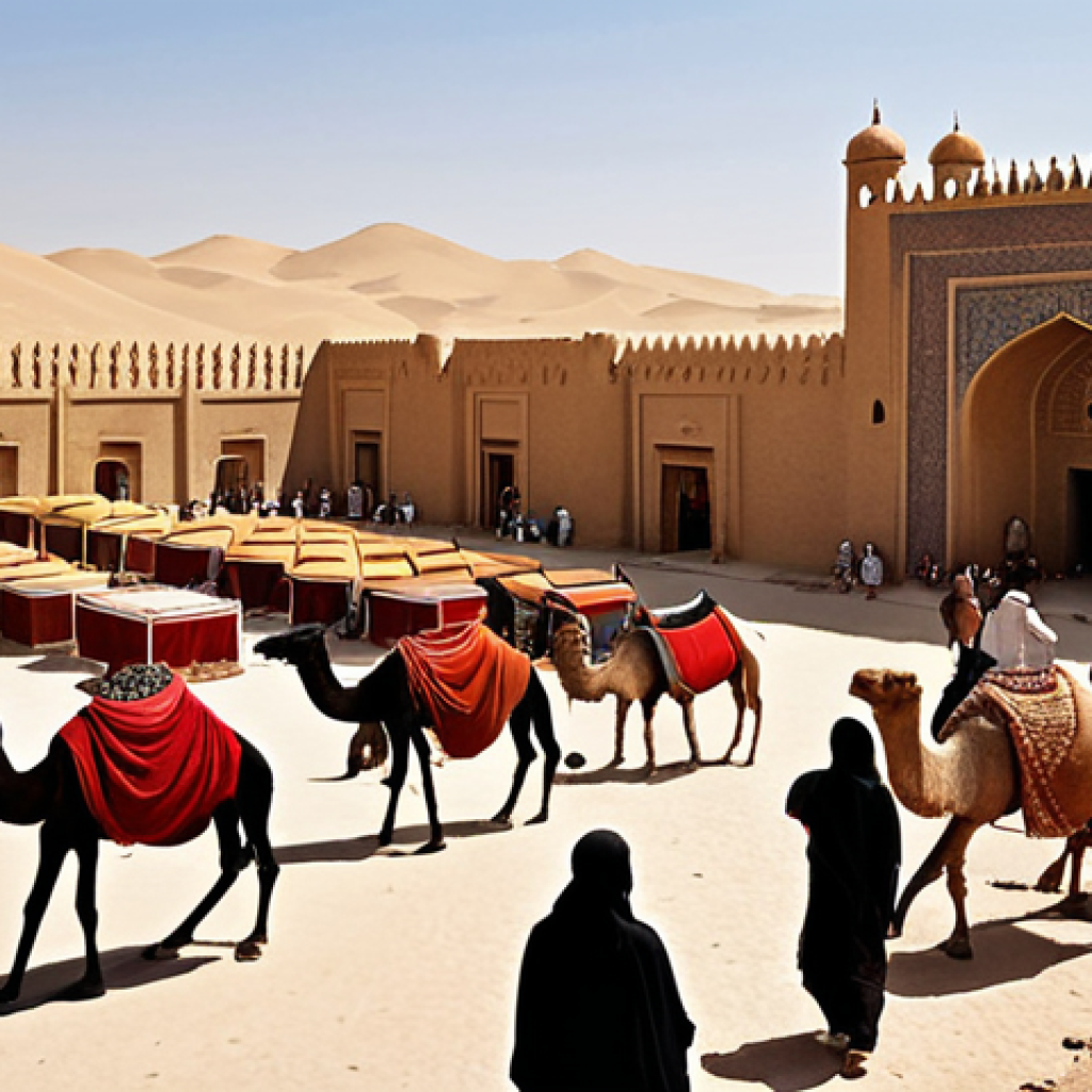 **Prompt 1: Ancient Silk Road Hub**
    A vibrant, historical scene at a bustling Silk Road city like Merv or Konye-Urgench in ancient Turkmenistan. Caravans loaded with silk and spices arrive, traders from diverse cultures (Persian, Arab, Mongol, nomadic Oghuz) interact in a crowded market square. Camels with ornate saddles, people in traditional attire, intricate architecture in warm earthy tones, all under a clear, bright desert sky. The atmosphere should be rich with cultural exchange, resilience, and a sense of enduring history.
