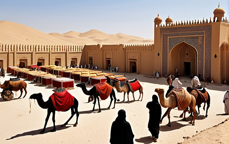 **Prompt 1: Ancient Silk Road Hub**
A vibrant, historical scene at a bustling Silk Road city like Merv or Konye-Urgench in ancient Turkmenistan. Caravans loaded with silk and spices arrive, traders from diverse cultures (Persian, Arab, Mongol, nomadic Oghuz) interact in a crowded market square. Camels with ornate saddles, people in traditional attire, intricate architecture in warm earthy tones, all under a clear, bright desert sky. The atmosphere should be rich with cultural exchange, resilience, and a sense of enduring history.