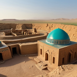 **Image:** A panoramic view of the ancient city of Merv, a UNESCO World Heritage site in Turkmenistan. Capture the vastness of the desert oasis with the ruins of Erk Kala and Gyaur Kala in the foreground. The turquoise dome of the Sultan Sanjar Mausoleum should be visible in the distance, bathed in the warm light of the setting sun. Focus on the textures of the adobe brick and the sense of history and timelessness.