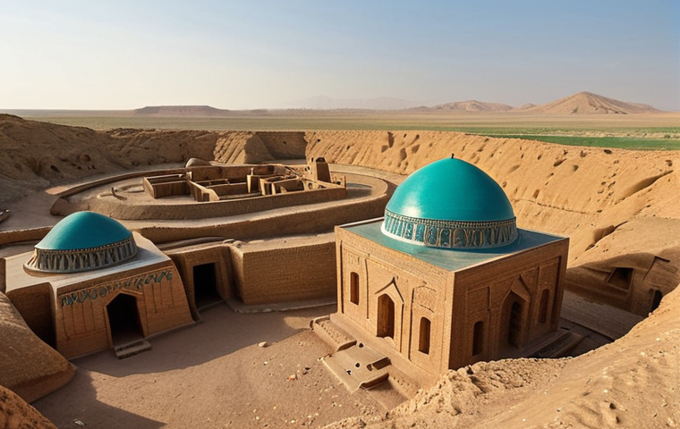 **Image:** A panoramic view of the ancient city of Merv, a UNESCO World Heritage site in Turkmenistan. Capture the vastness of the desert oasis with the ruins of Erk Kala and Gyaur Kala in the foreground. The turquoise dome of the Sultan Sanjar Mausoleum should be visible in the distance, bathed in the warm light of the setting sun. Focus on the textures of the adobe brick and the sense of history and timelessness.
