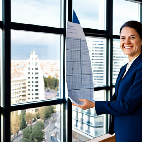 Home 8 **
A successful architect, a woman in her late 30s, wearing a stylish yet modest dark blue business suit, standing confidently in front of a modern architectural model of a sustainable building. The setting is a bright, open-plan office with large windows overlooking a bustling Madrid cityscape. She is holding a rolled-up blueprint, smiling slightly. Perfect anatomy, correct proportions, well-formed hands, proper finger count. Safe for work, appropriate content, fully clothed, professional, high quality, natural pose, professional photography. She exudes professionalism and competence.
**