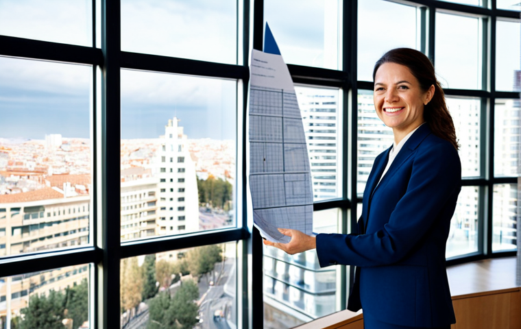 **
A successful architect, a woman in her late 30s, wearing a stylish yet modest dark blue business suit, standing confidently in front of a modern architectural model of a sustainable building. The setting is a bright, open-plan office with large windows overlooking a bustling Madrid cityscape. She is holding a rolled-up blueprint, smiling slightly. Perfect anatomy, correct proportions, well-formed hands, proper finger count. Safe for work, appropriate content, fully clothed, professional, high quality, natural pose, professional photography. She exudes professionalism and competence.
**