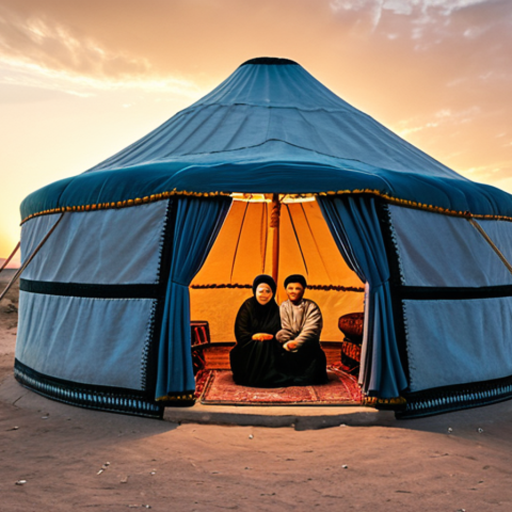 **

A traditional Turkmen yurt ("&Ouml;&yacute;") in the desert at sunset, fully clothed family inside, appropriate attire, safe for work, perfect anatomy, natural proportions, professional photography, family-friendly.

**