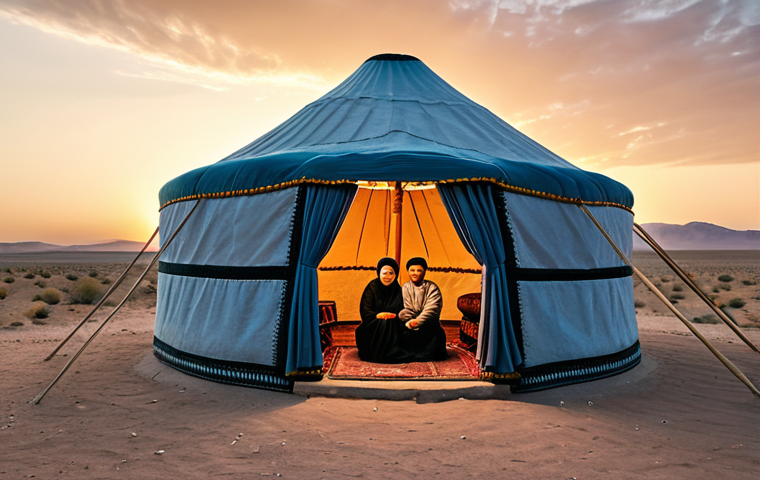 **

A traditional Turkmen yurt ("&Ouml;&yacute;") in the desert at sunset, fully clothed family inside, appropriate attire, safe for work, perfect anatomy, natural proportions, professional photography, family-friendly.

**