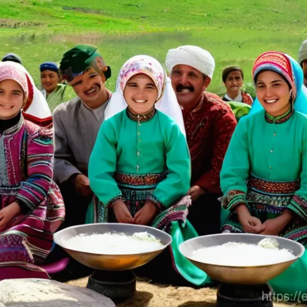 투르크메니스탄 설날 문화 - **Nowruz Semene Preparation:** A vibrant outdoor scene depicting a Turkmen community celebrating Now...