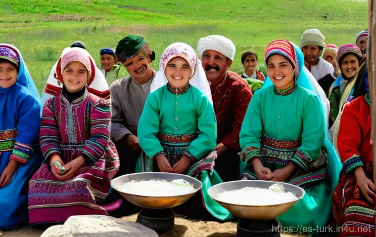 투르크메니스탄 설날 문화 - **Nowruz Semene Preparation:** A vibrant outdoor scene depicting a Turkmen community celebrating Now...