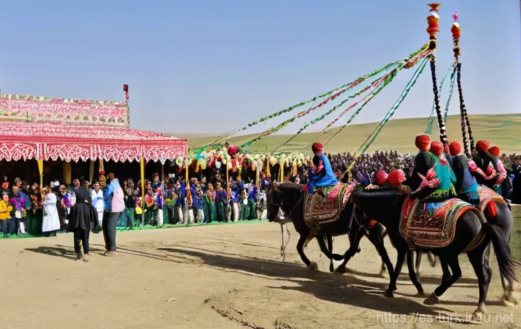 투르크메니스탄 설날 문화 - **Nowruz Semene Preparation:** A vibrant outdoor scene depicting a Turkmen community celebrating Now...