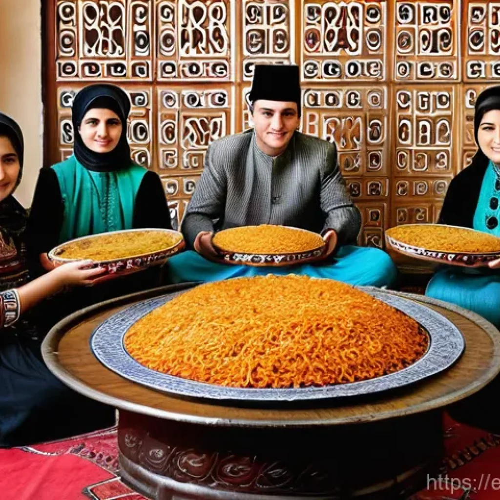 투르크메니스탄 식문화 - **A Vibrant Turkmen Palaw Feast.**
    A high-angle, richly detailed photograph captures a tradition...