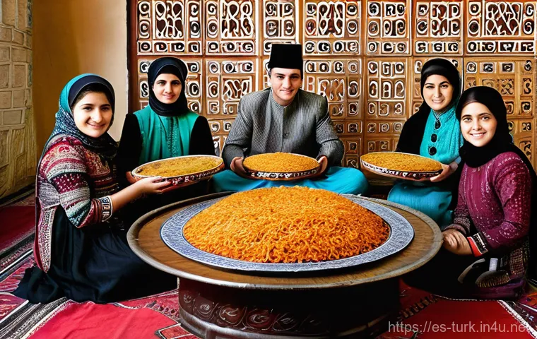 투르크메니스탄 식문화 - **A Vibrant Turkmen Palaw Feast.**
    A high-angle, richly detailed photograph captures a tradition...