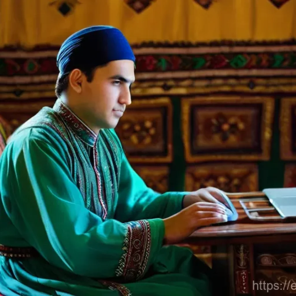 투르크메니스탄에서의 사회적 운동 - **Digital Whispers in a Cautious Home**
"A young adult, approximately 20-25 years old, with a fo...