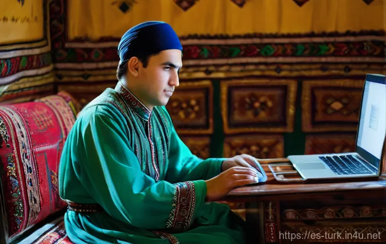 투르크메니스탄에서의 사회적 운동 - **Digital Whispers in a Cautious Home**
    "A young adult, approximately 20-25 years old, with a fo...