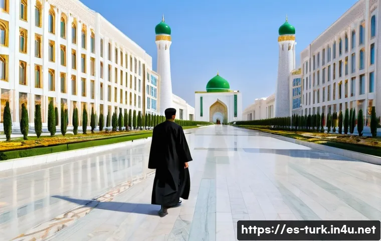 투르크메니스탄 독특한 사회 규범 - **Prompt:** A wide, grand avenue in Ashgabat, Turkmenistan, known as the "White City." The street is...