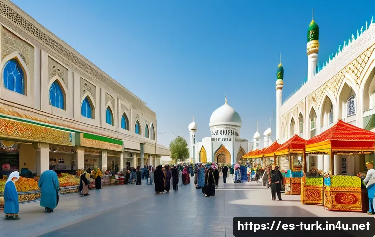 투르크메니스탄 주요 언어 - A vibrant street scene in Ashgabat, Turkmenistan, showcasing a diverse crowd of people speaking Turk...