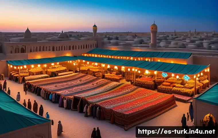 투르크메니스탄과 중앙아시아 국가들 비교 - A detailed scene showing a Turkmen traditional marketplace at sunset, vibrant with local artisans se...