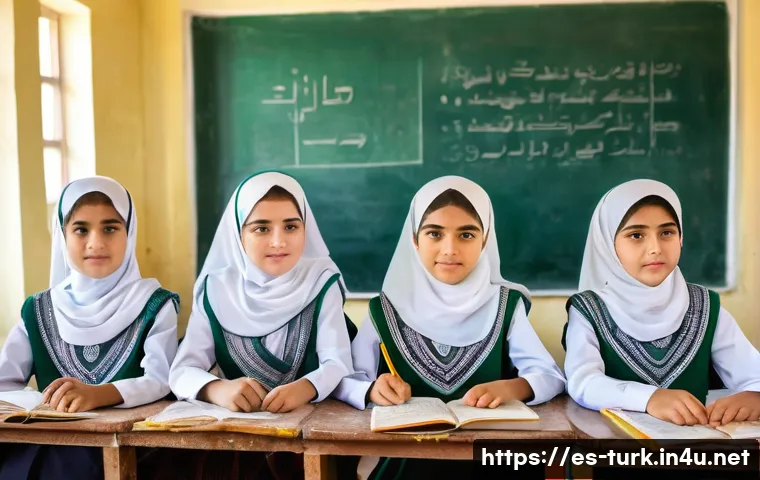 투르크메니스탄 여성의 지위 - A vibrant classroom scene in rural Turkmenistan showing young Turkmen girls wearing modest school un...