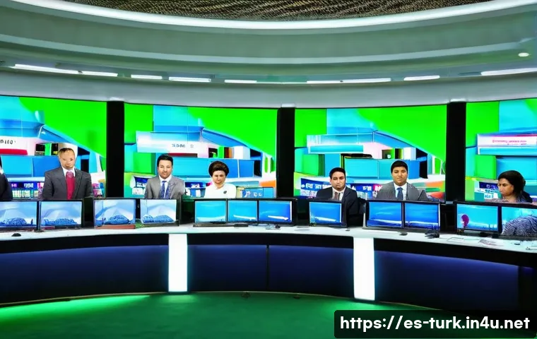 투르크메니스탄의 주요 언론사 - A vibrant Turkmenistan TV newsroom scene showcasing a diverse team of journalists working diligently...