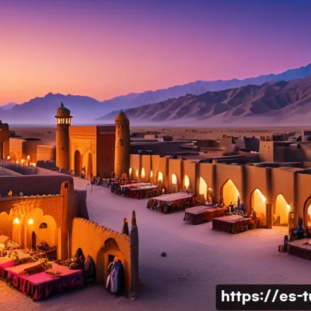 투르크메니스탄 역사 개요 - A panoramic view of the ancient city of Merv at sunset, showcasing intricate Persian-influenced arch...