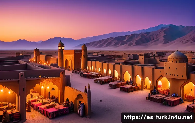 투르크메니스탄 역사 개요 - A panoramic view of the ancient city of Merv at sunset, showcasing intricate Persian-influenced arch...