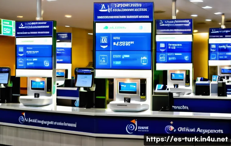 투르크메니스탄 여행 중 통신 방법 - A bustling international airport terminal in Turkmenistan featuring official SIM card stands of majo...