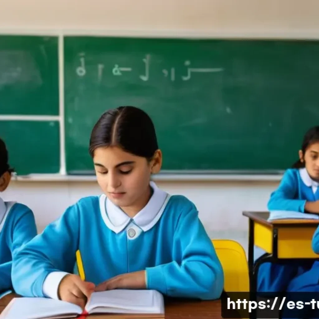 투르크메니스탄 교육 체계 - A bright and modern classroom in an urban Turkmenistan school, featuring young children aged 7-12 se...