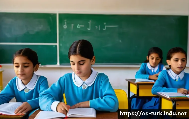 투르크메니스탄 교육 체계 - A bright and modern classroom in an urban Turkmenistan school, featuring young children aged 7-12 se...