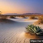 Home 21 투르크메니스탄 생태계 보존 노력 - A detailed desert landscape in Turkmenistan at dusk, showcasing native flora such as drought-resista...