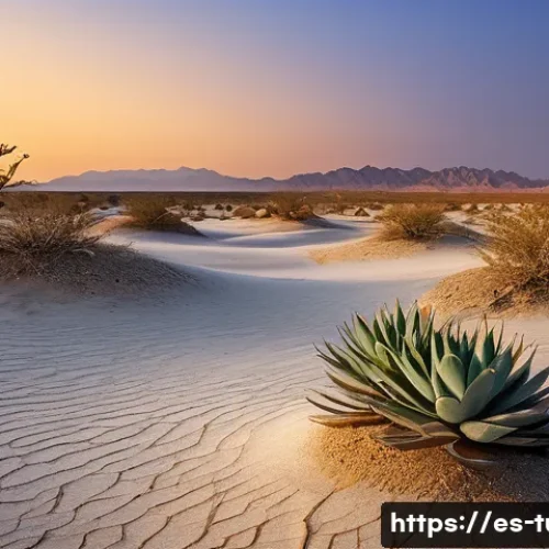 Home 33 투르크메니스탄 생태계 보존 노력 - A detailed desert landscape in Turkmenistan at dusk, showcasing native flora such as drought-resista...