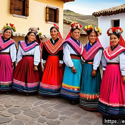 Home 32 투르크메니스탄 민족성 - A vibrant traditional festival scene in a rural Spanish-speaking village, featuring men and women dr...
