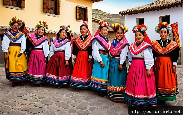 투르크메니스탄 민족성 - A vibrant traditional festival scene in a rural Spanish-speaking village, featuring men and women dr...