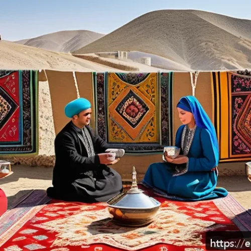 Home 31 투르크메니스탄 종교와 신앙 - A vibrant traditional Turkmen village scene during the Nowruz festival, showcasing men and women dre...