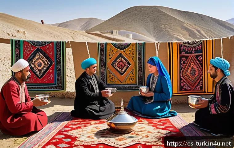 투르크메니스탄 종교와 신앙 - A vibrant traditional Turkmen village scene during the Nowruz festival, showcasing men and women dre...