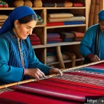 Home 18 투르크메니스탄의 문화적 다양성 - A vibrant Turkmen traditional carpet weaving scene inside a rustic local workshop, featuring skilled...