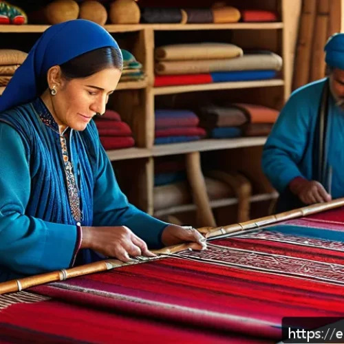 Home 30 투르크메니스탄의 문화적 다양성 - A vibrant Turkmen traditional carpet weaving scene inside a rustic local workshop, featuring skilled...