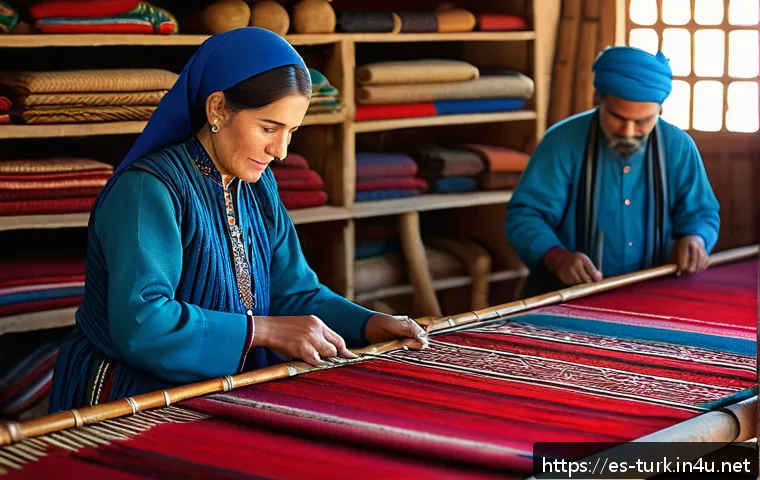 투르크메니스탄의 문화적 다양성 - A vibrant Turkmen traditional carpet weaving scene inside a rustic local workshop, featuring skilled...
