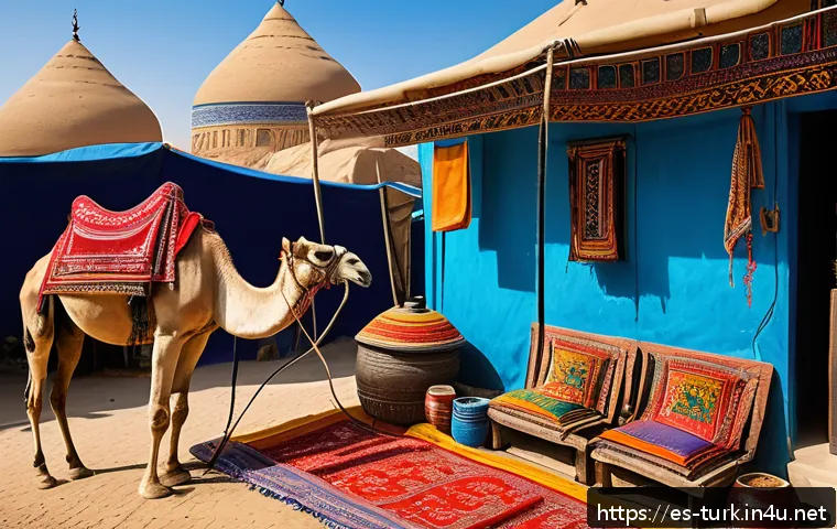 투르크메니스탄 고대 실크로드 - A vibrant Turkmen marketplace scene along ancient Silk Road trade routes, bustling with merchants in...