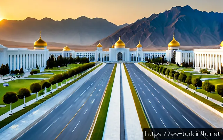 Home 17 투르크메니스탄 수도 아시가바트 - Photorealistic wide-angle view of Ashgabat, Turkmenistan at sunrise, grand white marble government b...